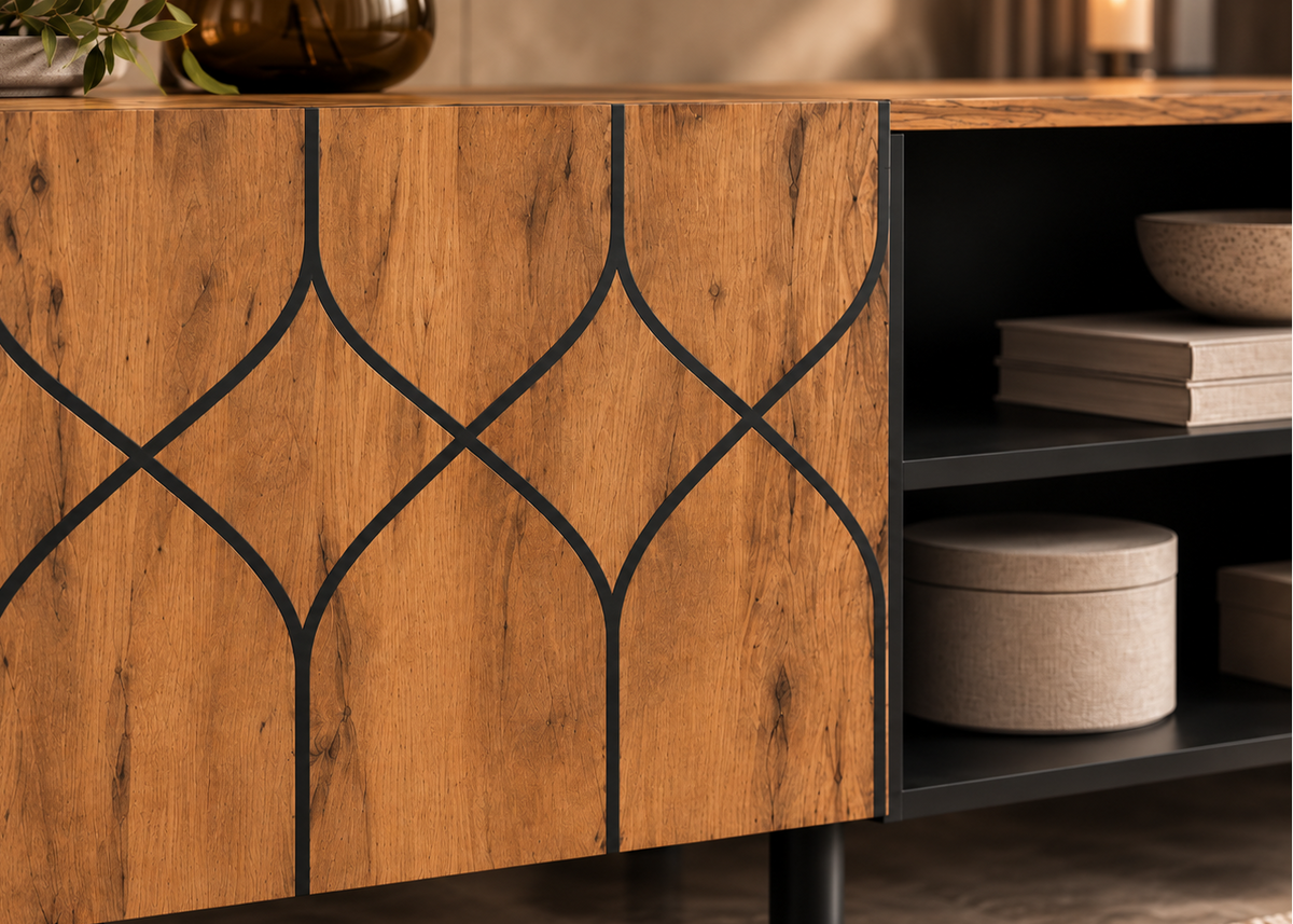 Meuble TV AUDREN 180 cm – Bois naturel et noir, 2 portes et 4 rangements