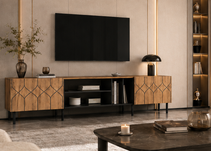 Meuble TV AUDREN 180 cm – Bois naturel et noir, 2 portes et 4 rangements