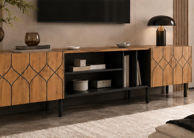 Meuble TV AUDREN 180 cm – Bois naturel et noir, 2 portes et 4 rangements