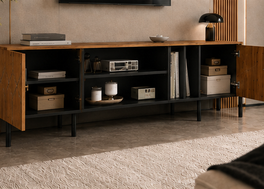 Meuble TV AUDREN 180 cm – Bois naturel et noir, 2 portes et 4 rangements