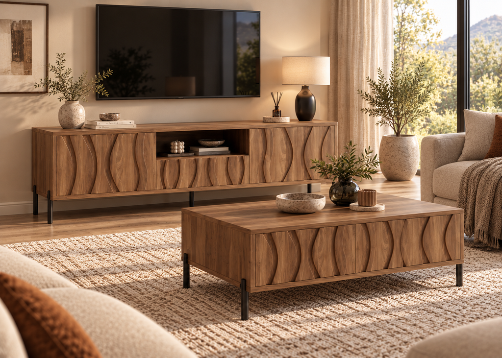 Collection ONDARIA – Meuble TV & table basse en bois massif au design ondulé