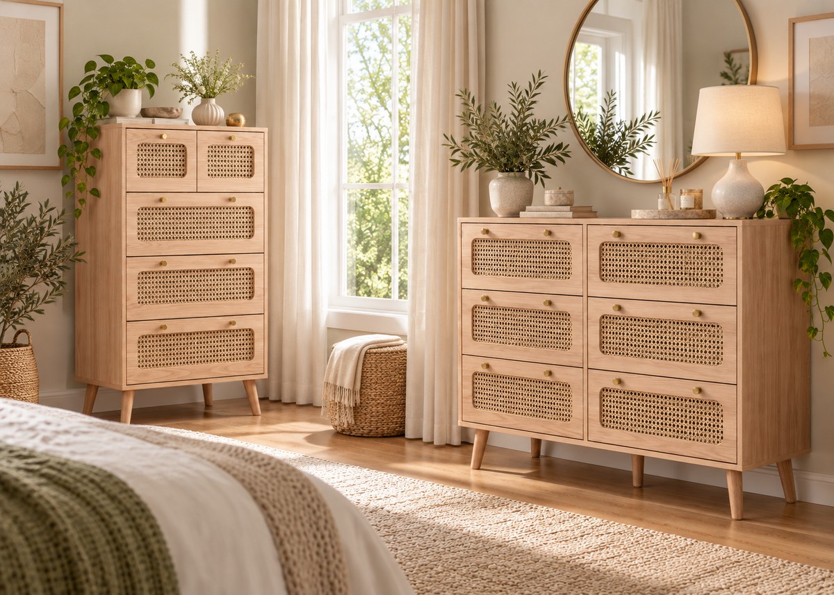 Collection EDEN – tiroirs effet rotin & bois naturel
