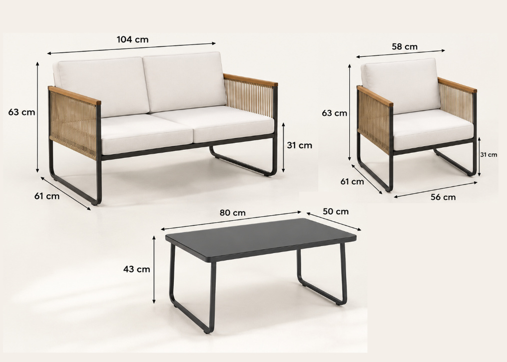 Salon de jardin NOVERA 4 pièces – Canapé, fauteuils et table basse