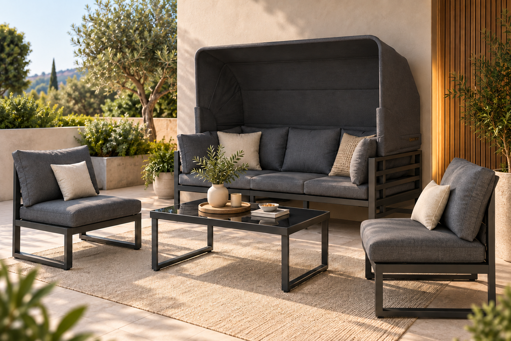 Salon de jardin ÉCLIPSE – Ensemble lounge avec canapé, fauteuils et auvent