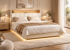 Lit EDA 140×200 / 160×200 – Beige, chêne et éclairage LED