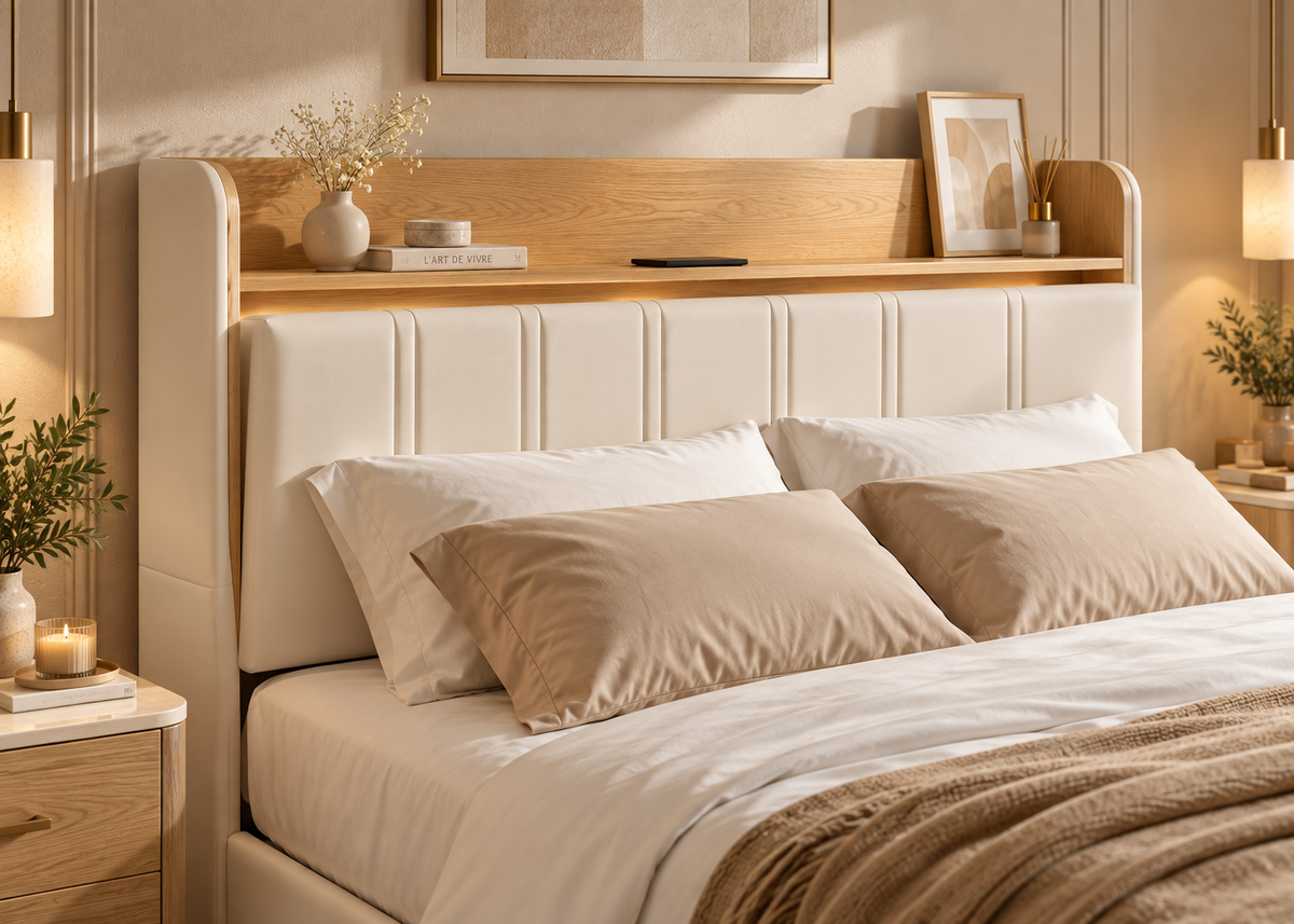 Lit EDA 140×200 / 160×200 – Beige, chêne et éclairage LED