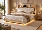 Lit EDA 140×200 / 160×200 – Beige, chêne et éclairage LED
