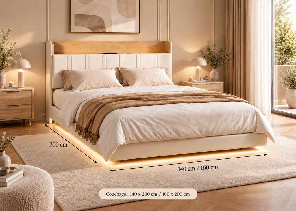 Lit EDA 140×200 / 160×200 – Beige, chêne et éclairage LED