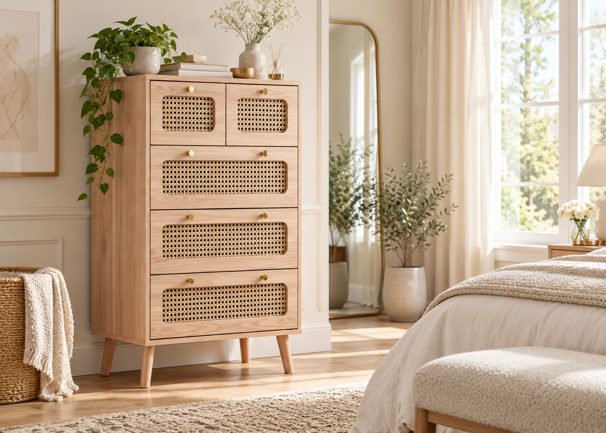 Collection EDEN – tiroirs effet rotin & bois naturel
