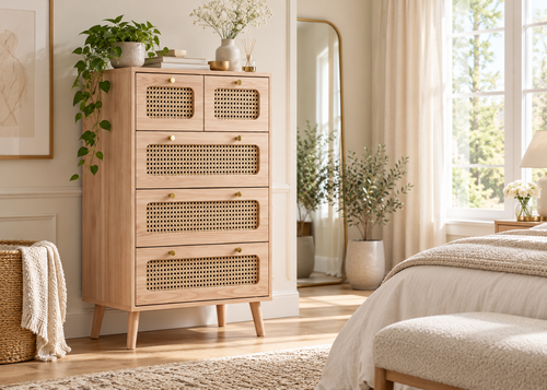 Collection EDEN – tiroirs effet rotin & bois naturel