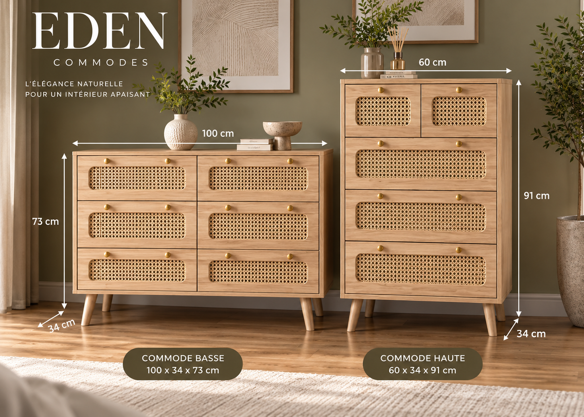 Collection EDEN – tiroirs effet rotin & bois naturel