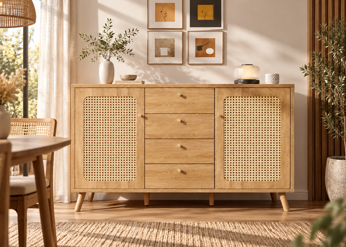 Buffet EDEN – 140 cm en bois naturel et rotin, 4 tiroirs et 2 portes