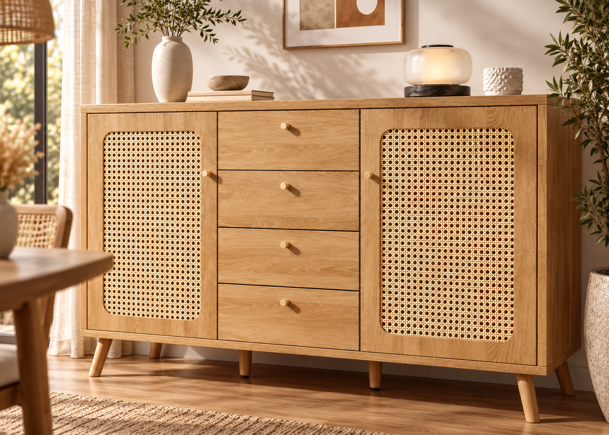 Buffet EDEN – 140 cm en bois naturel et rotin, 4 tiroirs et 2 portes