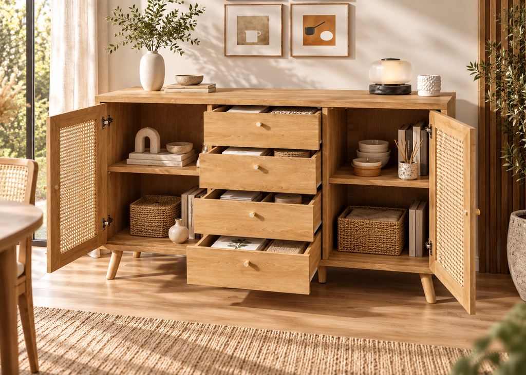 Buffet EDEN – 140 cm en bois naturel et rotin, 4 tiroirs et 2 portes