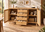 Buffet EDEN – 140 cm en bois naturel et rotin, 4 tiroirs et 2 portes