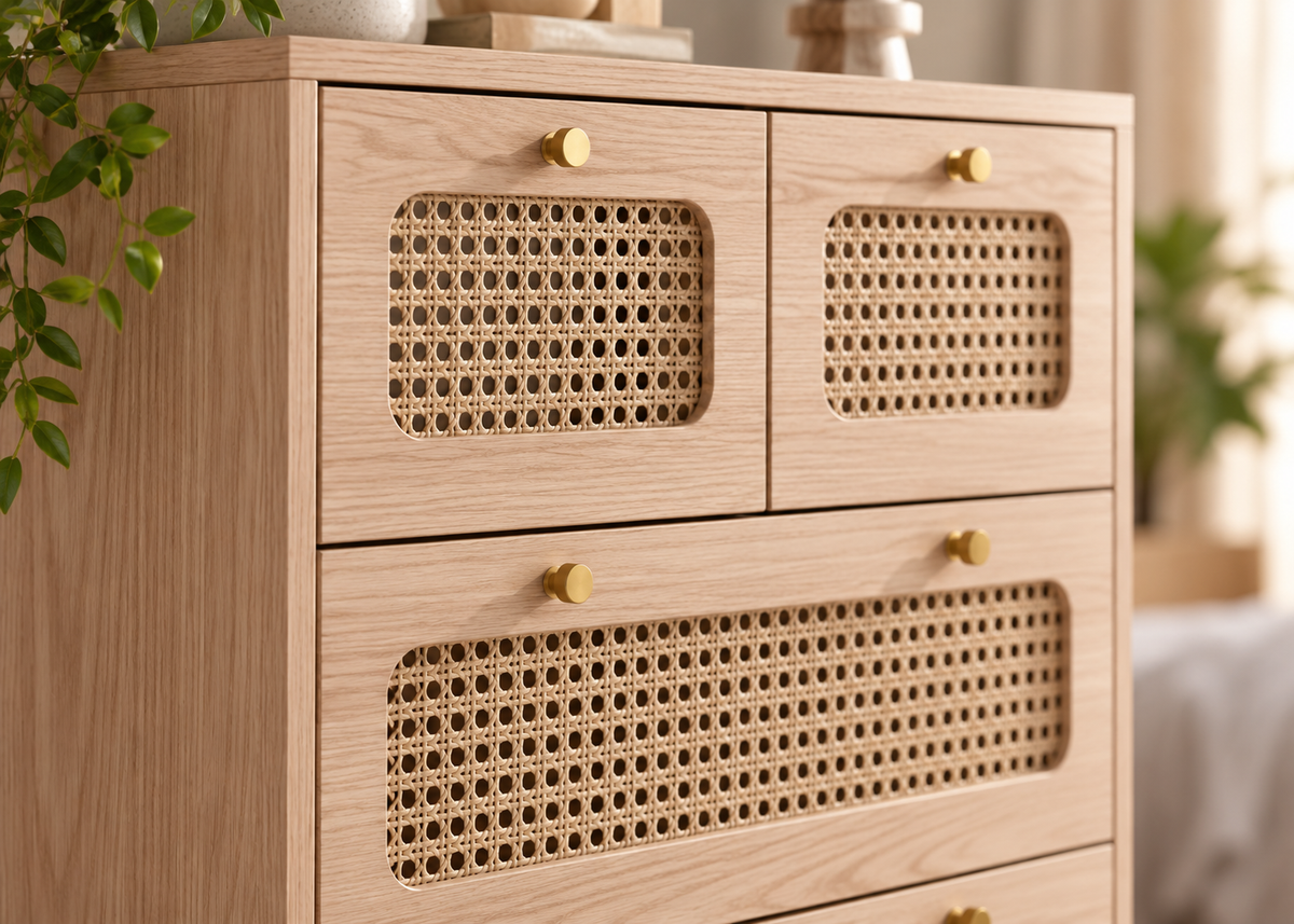 Collection EDEN – tiroirs effet rotin & bois naturel
