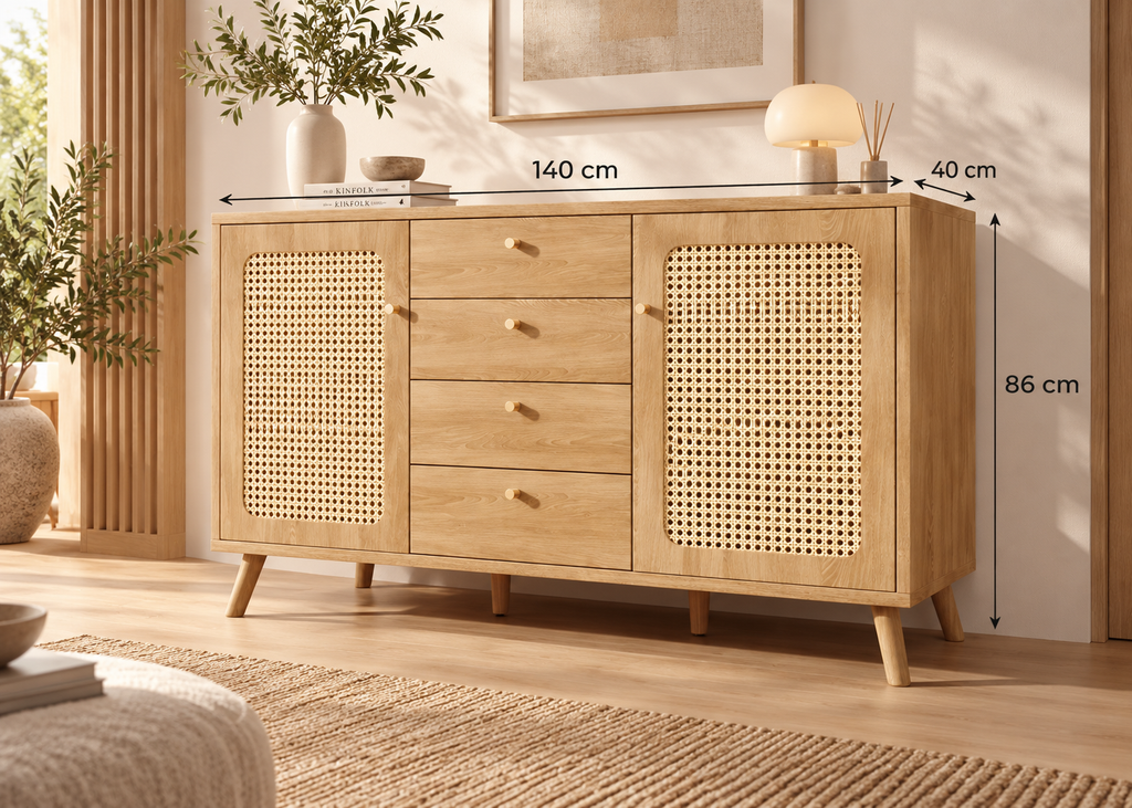 Buffet EDEN – 140 cm en bois naturel et rotin, 4 tiroirs et 2 portes