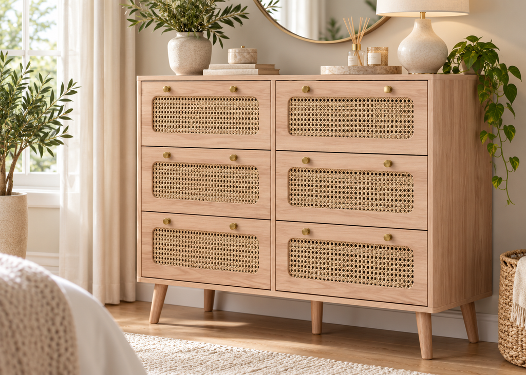 Collection EDEN – tiroirs effet rotin & bois naturel