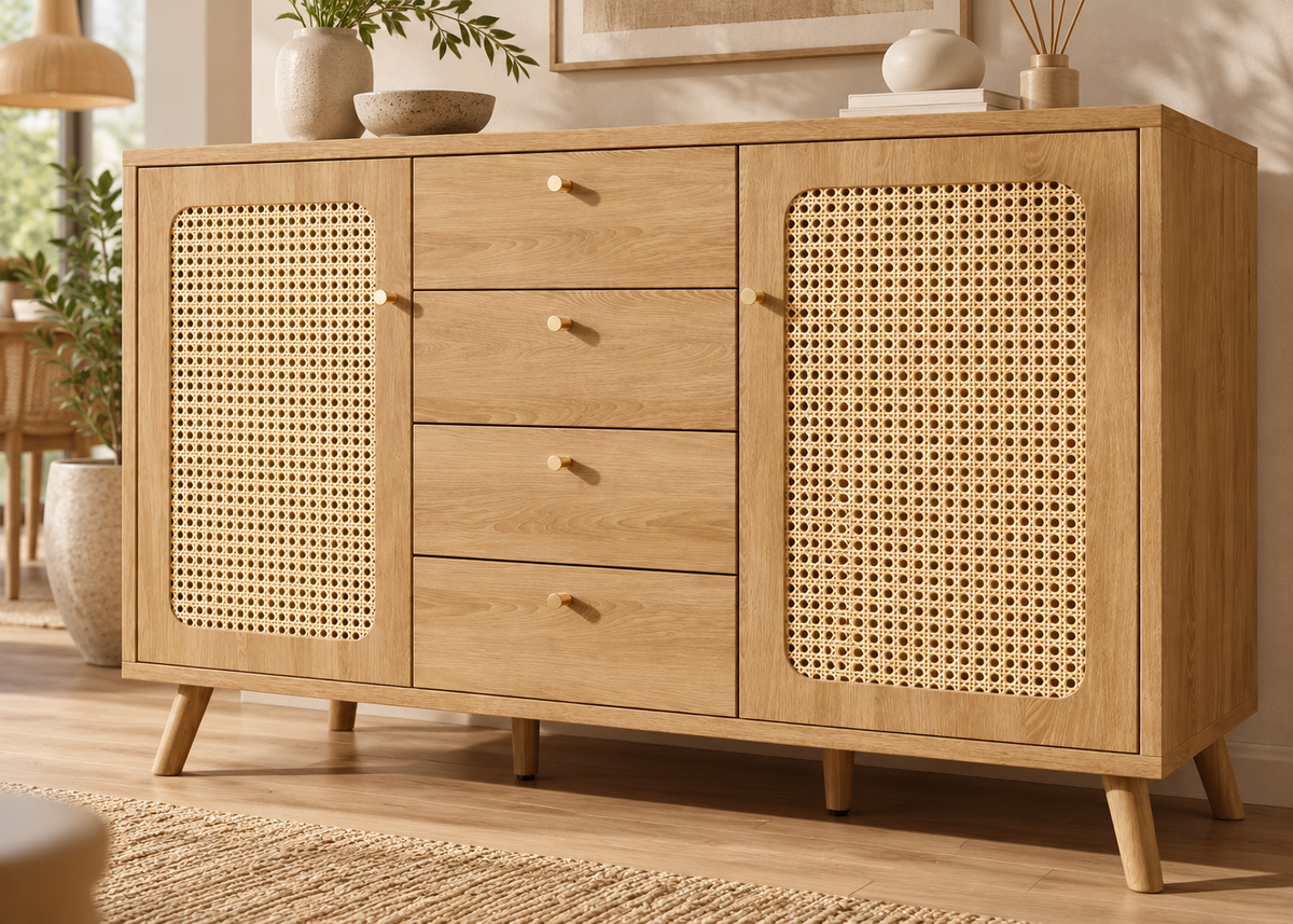 Buffet EDEN – 140 cm en bois naturel et rotin, 4 tiroirs et 2 portes