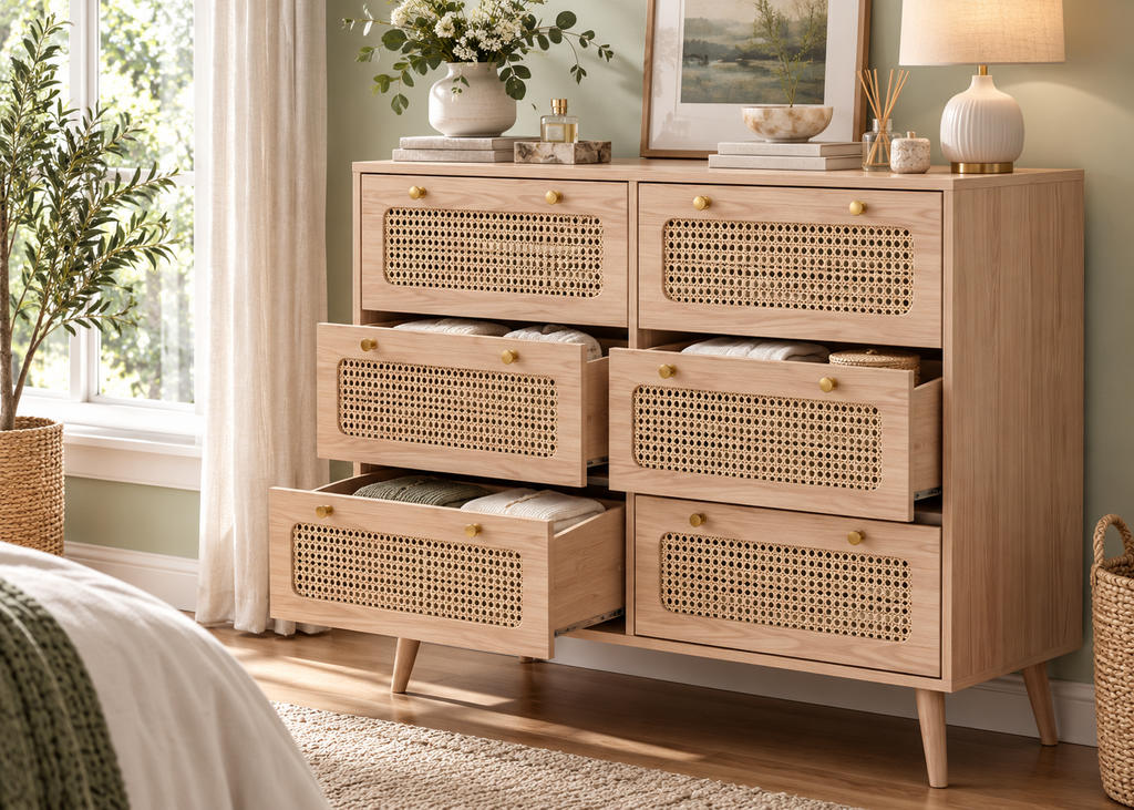 Collection EDEN – tiroirs effet rotin & bois naturel