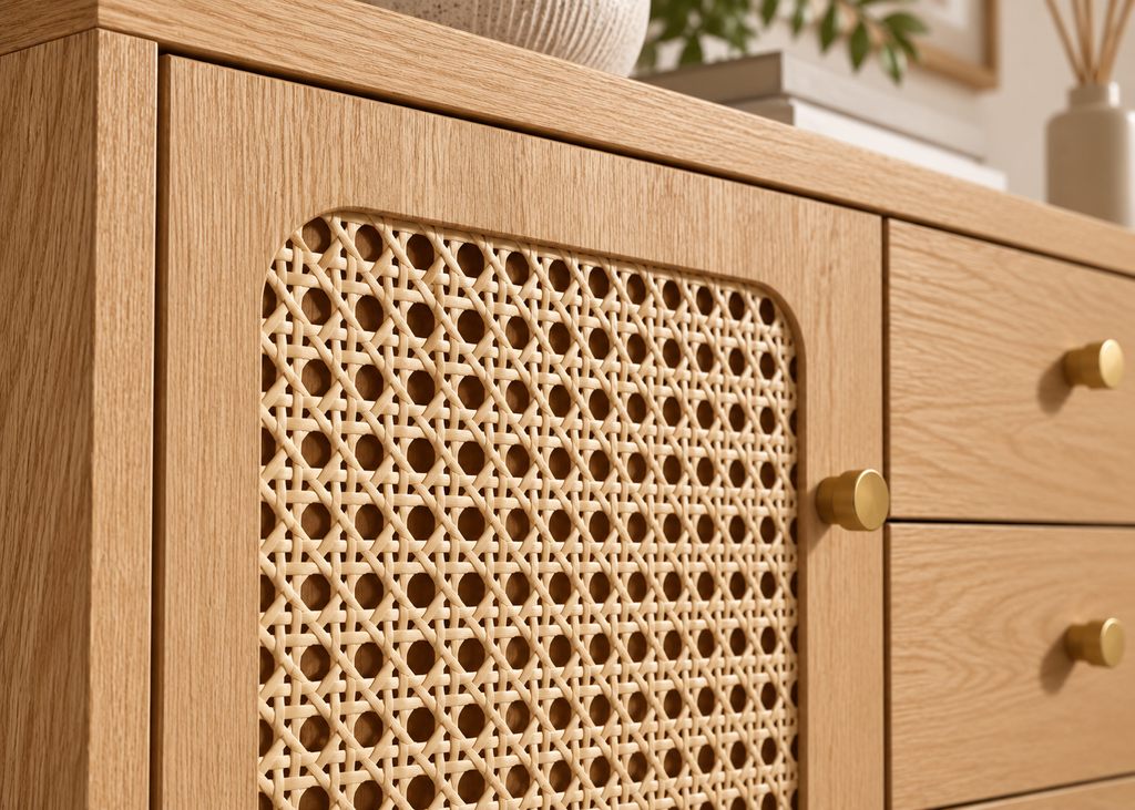 Buffet EDEN – 140 cm en bois naturel et rotin, 4 tiroirs et 2 portes
