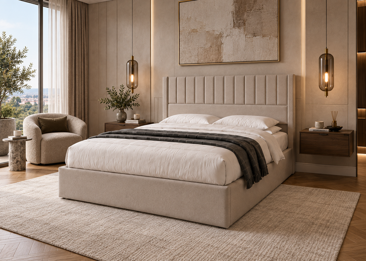 Lit coffre ÉLISÉE 160×190 – Rangement intégré et tête de lit élégante