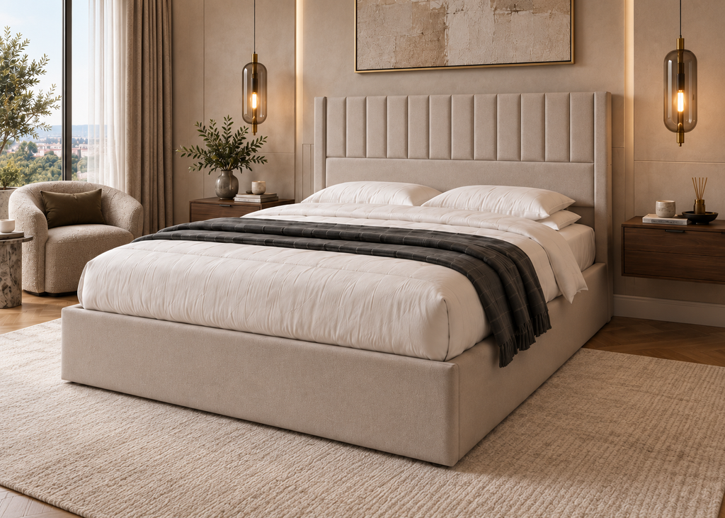 Lit coffre ÉLISÉE 160×190 – Rangement intégré et tête de lit élégante