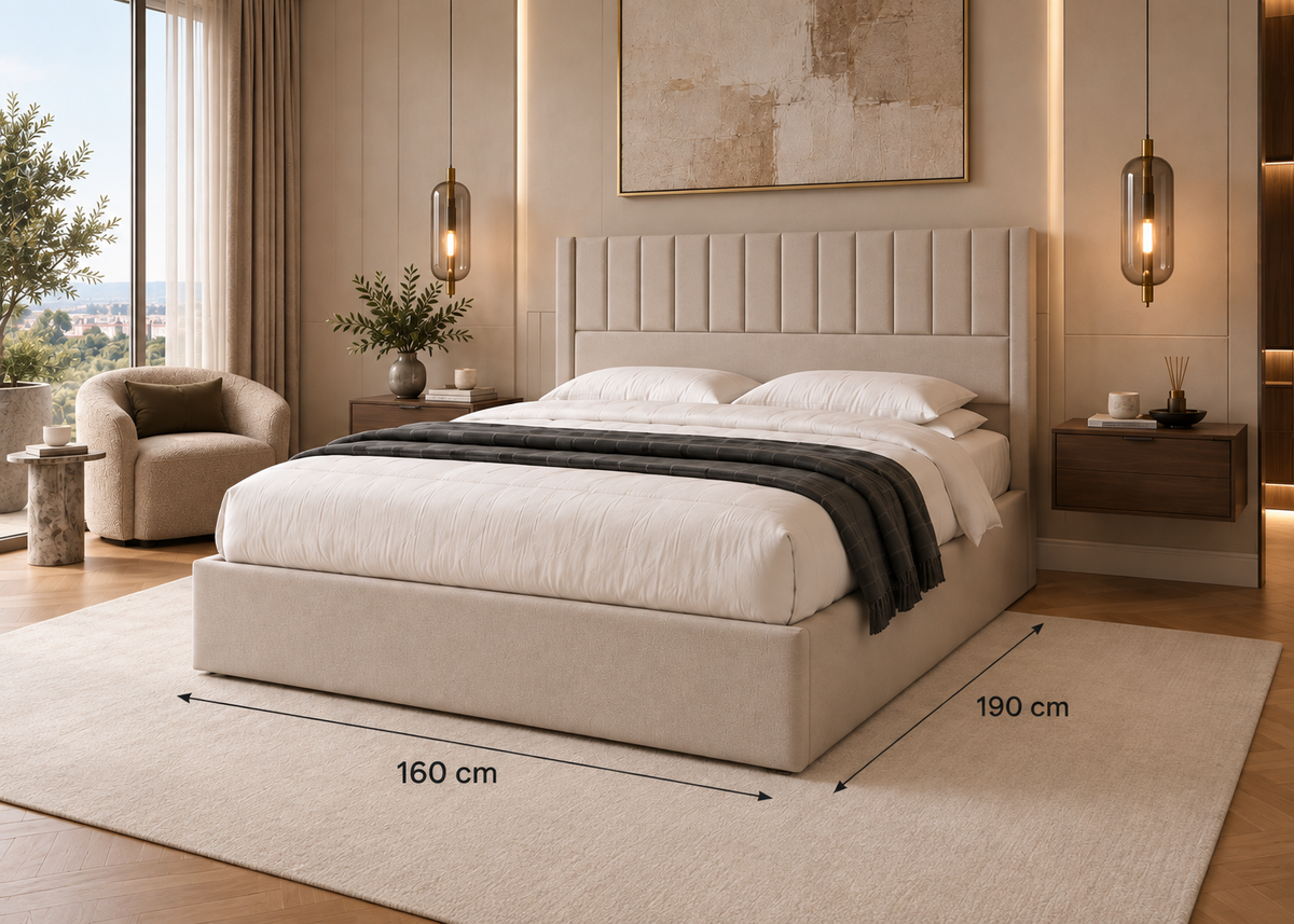 Lit coffre ÉLISÉE 160×190 – Rangement intégré et tête de lit élégante