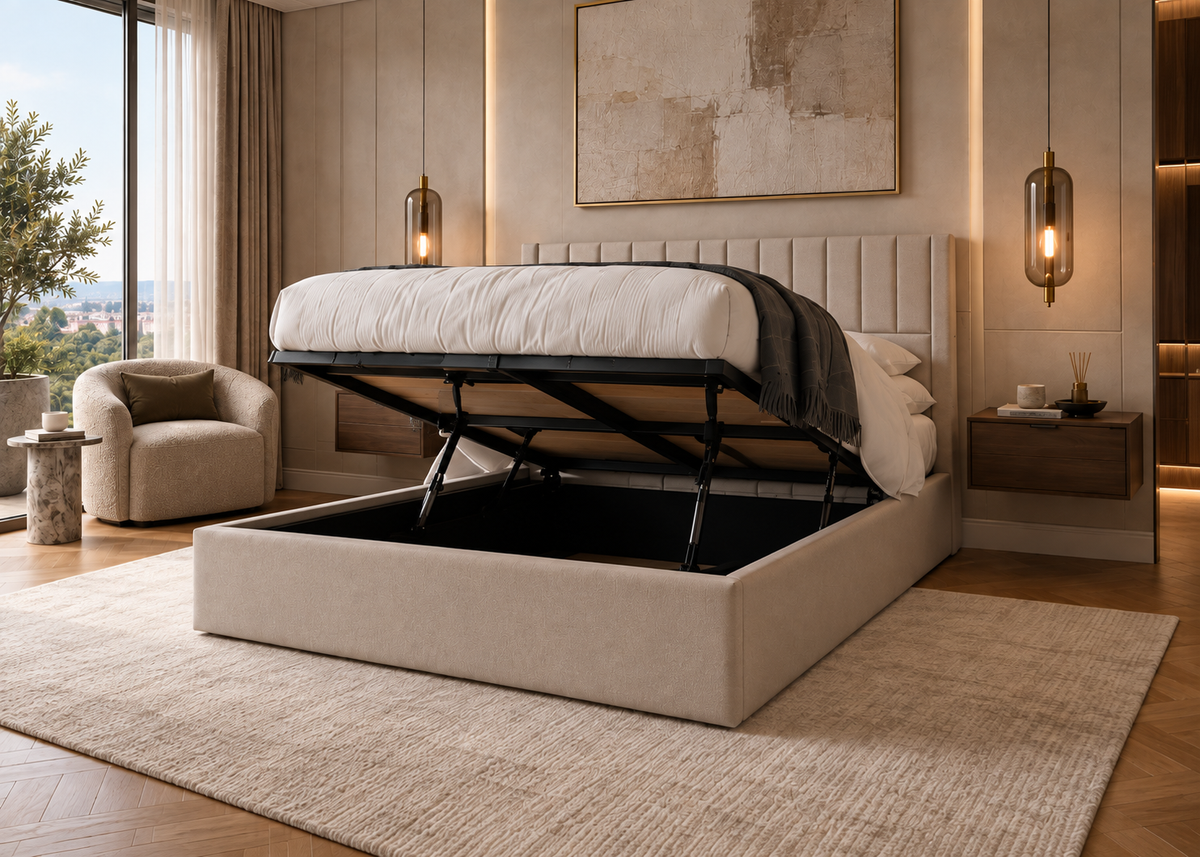 Lit coffre ÉLISÉE 160×190 – Rangement intégré et tête de lit élégante