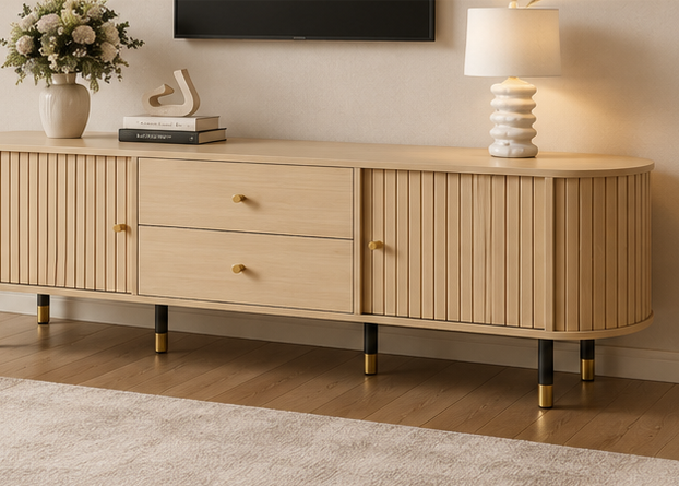 Meuble TV ÉQUINOXE 180 cm – Bois cannelé, portes coulissantes et tiroirs