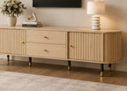 Meuble TV ÉQUINOXE 180 cm – Bois cannelé, portes coulissantes et tiroirs