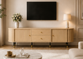 Meuble TV ÉQUINOXE 180 cm – Bois cannelé, portes coulissantes et tiroirs