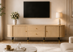 Meuble TV ÉQUINOXE 180 cm – Bois cannelé, portes coulissantes et tiroirs
