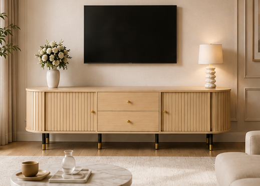 Meuble TV ÉQUINOXE 180 cm – Bois cannelé, portes coulissantes et tiroirs