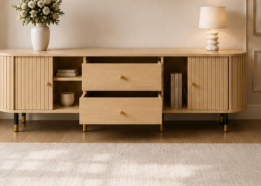 Meuble TV ÉQUINOXE 180 cm – Bois cannelé, portes coulissantes et tiroirs