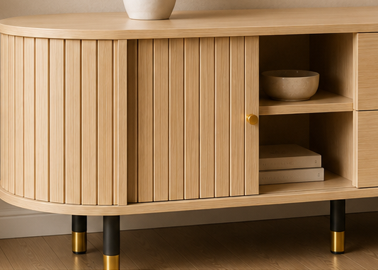 Meuble TV ÉQUINOXE 180 cm – Bois cannelé, portes coulissantes et tiroirs