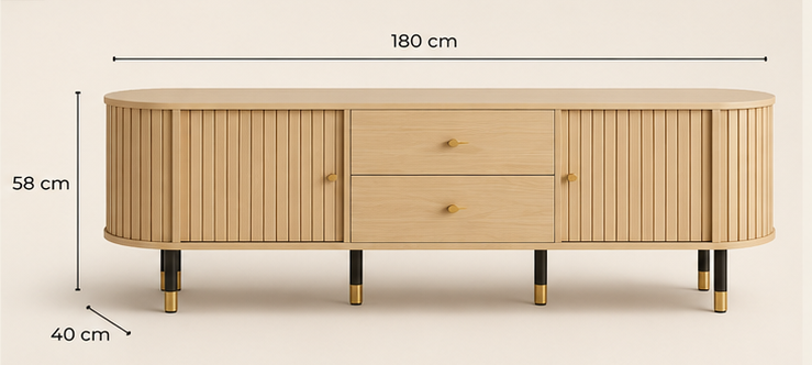 Meuble TV ÉQUINOXE 180 cm – Bois cannelé, portes coulissantes et tiroirs