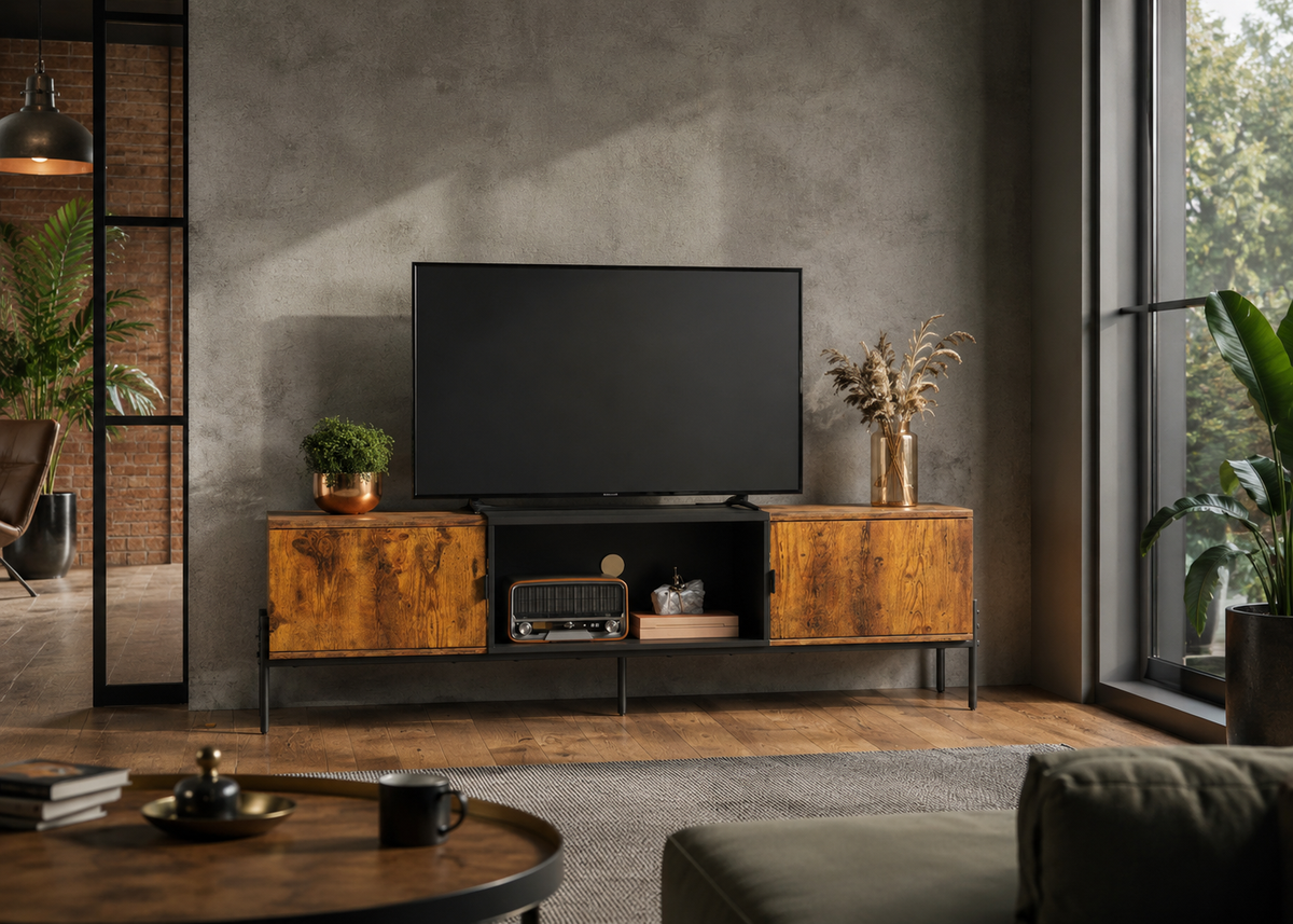 Meuble TV LENNOX 147 cm – Bois et métal noir, style industriel