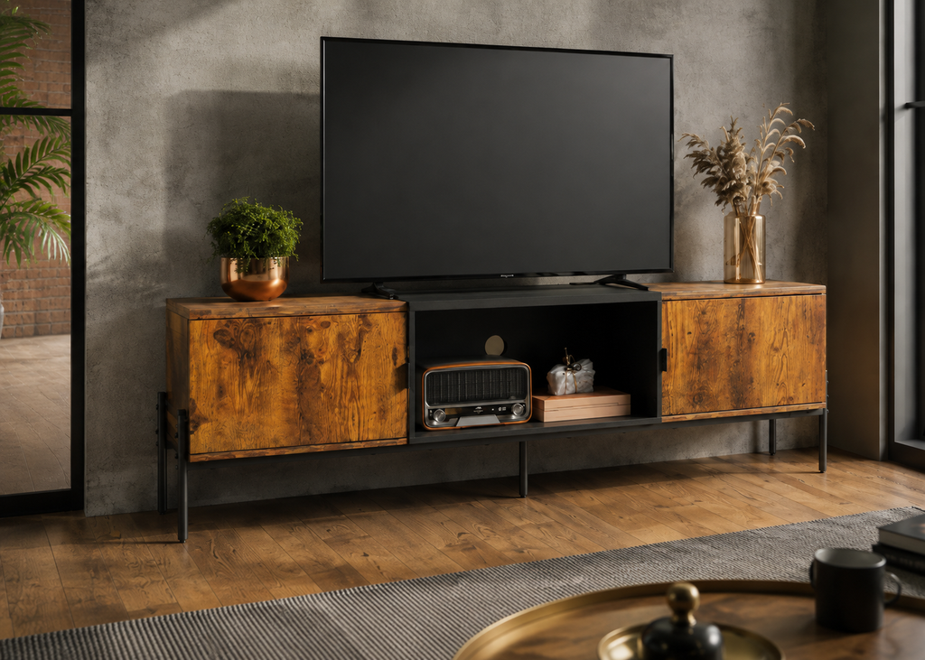 Meuble TV LENNOX 147 cm – Bois et métal noir, style industriel