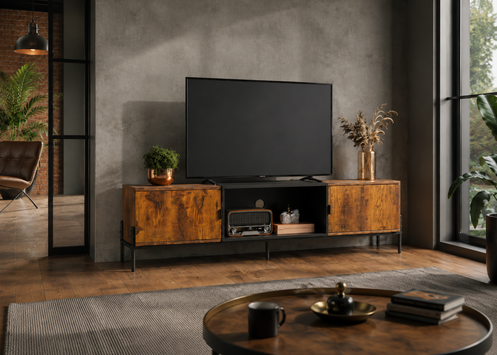Meuble TV LENNOX 147 cm – Bois et métal noir, style industriel