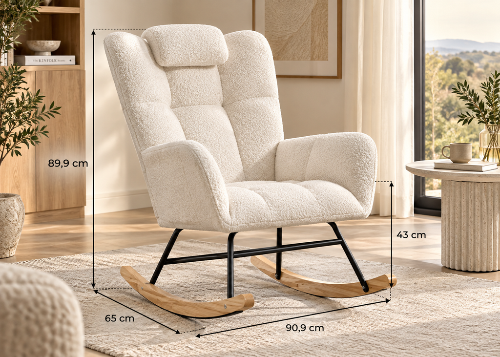Fauteuil à bascule LIAM en tissu bouclette – haut dossier