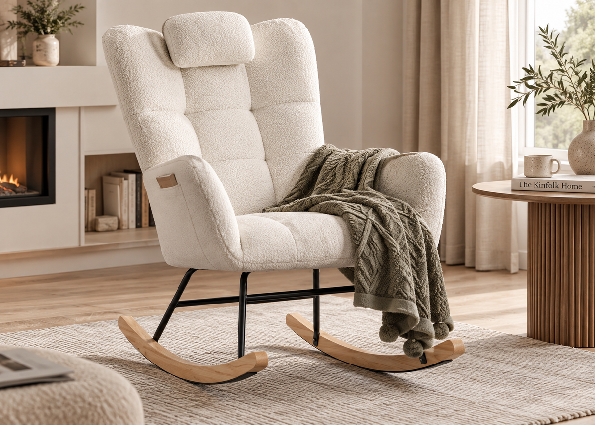 Fauteuil à bascule LIAM en tissu bouclette – haut dossier