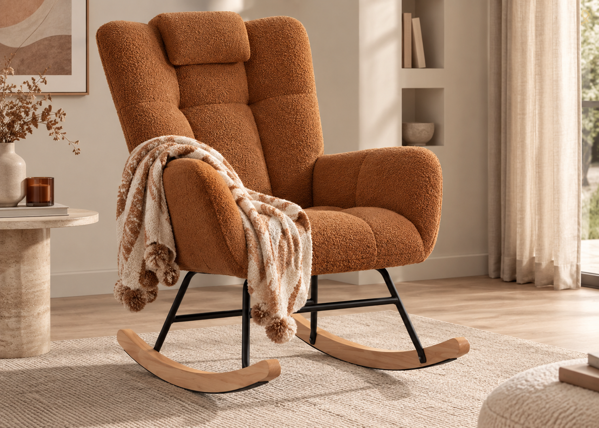 Fauteuil à bascule LIAM en tissu bouclette – haut dossier