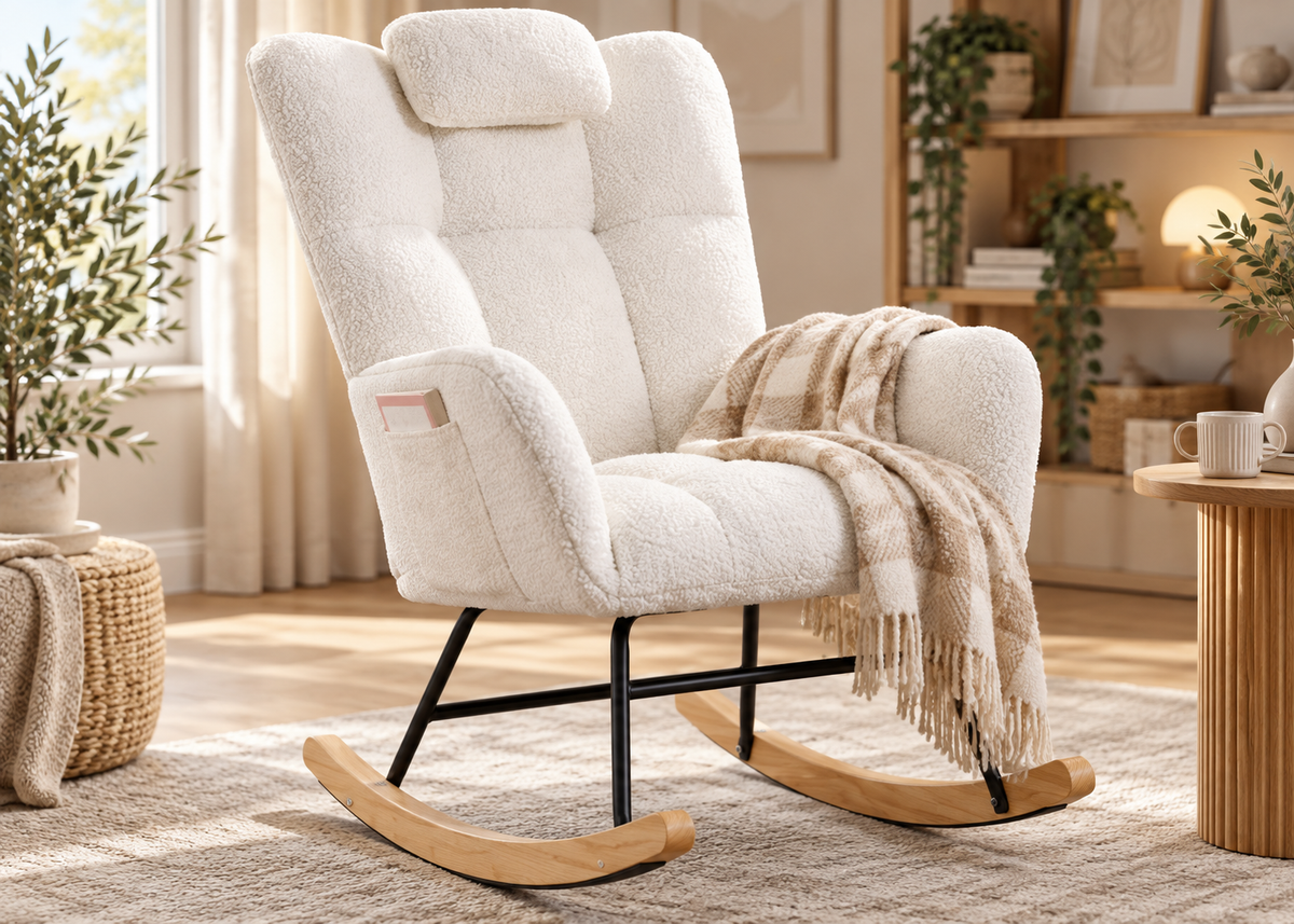 Fauteuil à bascule LIAM en tissu bouclette – haut dossier