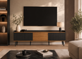 Meuble TV AMBER 160 cm – Noir et bois, façade cannelée et 3 portes
