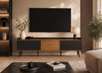 Meuble TV AMBER 160 cm – Noir et bois, façade cannelée et 3 portes