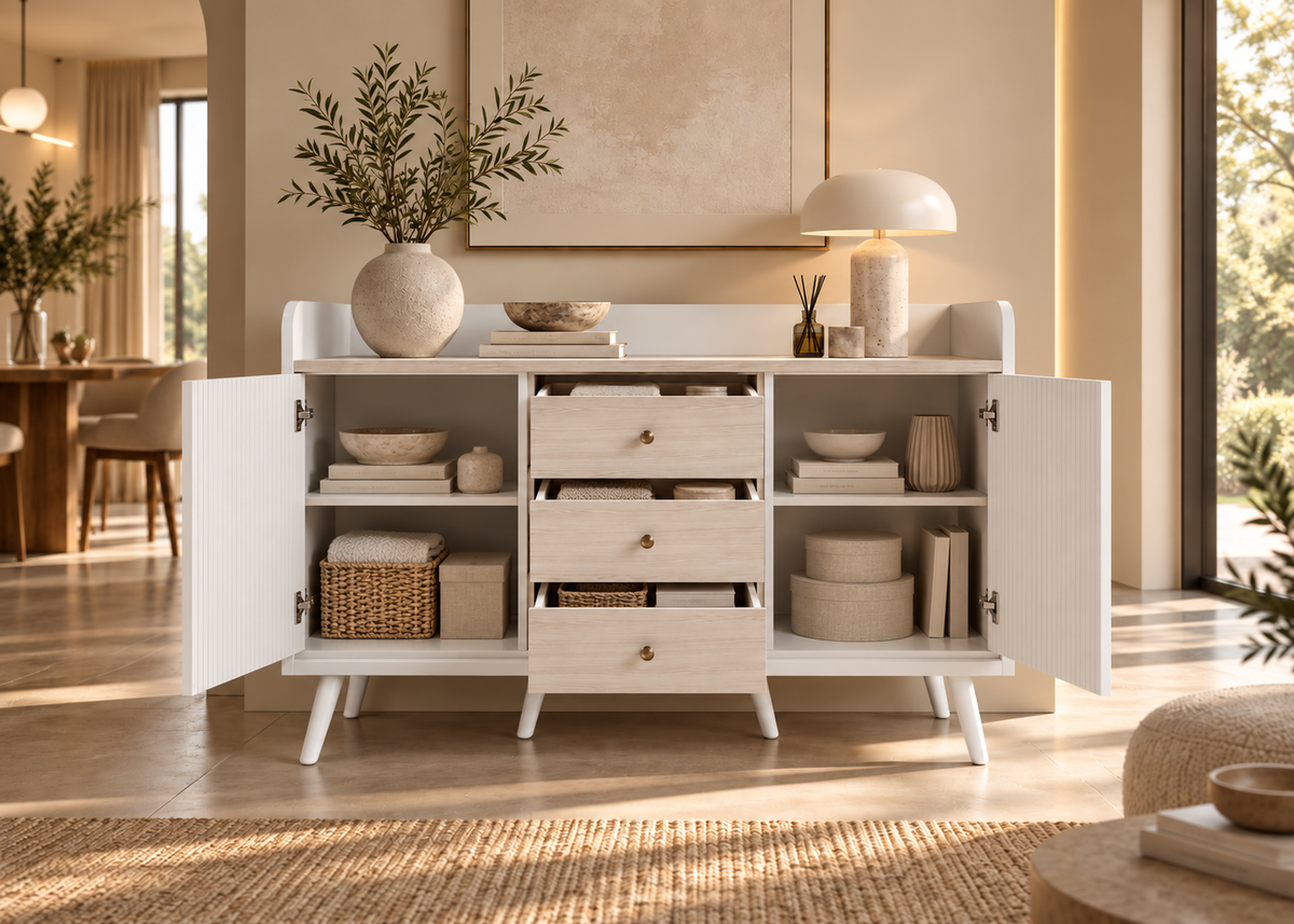 Buffet LINÉA – 3 tiroirs, 2 portes et finition noire texturée