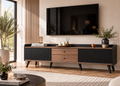 Meuble TV LINÉA - design noir texturé et effet bois 160 cm avec rangements et tiroirs