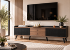 Meuble TV LINÉA - design noir texturé et effet bois 160 cm avec rangements et tiroirs