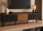Meuble TV AMBER 160 cm – Noir et bois, façade cannelée et 3 portes